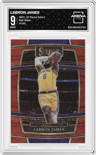 LeBron James from the 2021-22 Panini Select set featuring a Red Wave parallel graded by Arena Club and given an overall grade of 9.