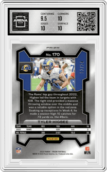 Tyler Higbee from the 2023 Panini Prizm set featuring a Gold Sparkle parallel graded by Arena Club and given an overall grade of 10.