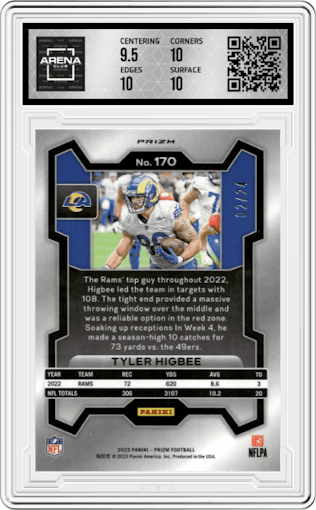 Tyler Higbee from the 2023 Panini Prizm set featuring a Gold Sparkle parallel graded by Arena Club and given an overall grade of 10.