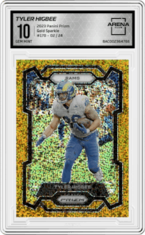 Tyler Higbee from the 2023 Panini Prizm set featuring a Gold Sparkle parallel graded by Arena Club and given an overall grade of 10.