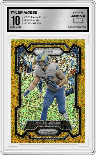 Tyler Higbee from the 2023 Panini Prizm set featuring a Gold Sparkle parallel graded by Arena Club and given an overall grade of 10.