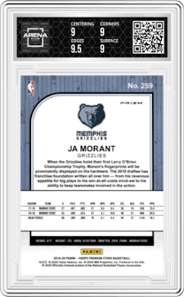 Ja Morant from the 2019-20 Panini Hoops Premium Stock set featuring a Silver Laser parallel graded by Arena Club and given an overall grade of 9.