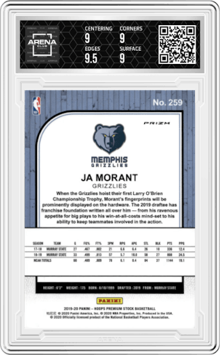 Ja Morant from the 2019-20 Panini Hoops Premium Stock set featuring a Silver Laser parallel graded by Arena Club and given an overall grade of 9.