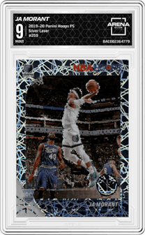 Ja Morant from the 2019-20 Panini Hoops Premium Stock set featuring a Silver Laser parallel graded by Arena Club and given an overall grade of 9.