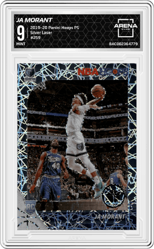 Ja Morant from the 2019-20 Panini Hoops Premium Stock set featuring a Silver Laser parallel graded by Arena Club and given an overall grade of 9.