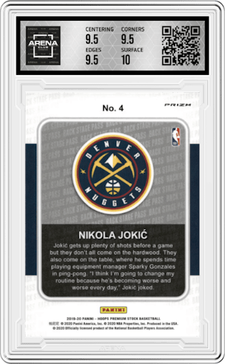 Nikola Jokic from the 2019-20 Panini Hoops Premium Stock set featuring a Holo parallel graded by Arena Club and given an overall grade of 10.