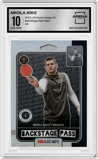 Nikola Jokic from the 2019-20 Panini Hoops Premium Stock set featuring a Holo parallel graded by Arena Club and given an overall grade of 10.