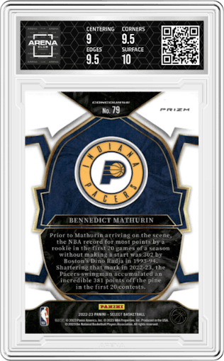 Bennedict Mathurin from the 2022-23 Panini Select set featuring a Silver Prizm parallel graded by Arena Club and given an overall grade of 9.5.