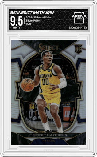 Bennedict Mathurin from the 2022-23 Panini Select set featuring a Silver Prizm parallel graded by Arena Club and given an overall grade of 9.5.