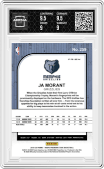 Ja Morant from the 2019-20 Panini Hoops Premium Stock set featuring a Silver Laser parallel graded by Arena Club and given an overall grade of 9.5.