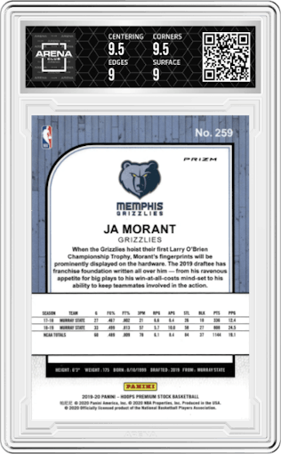 Ja Morant from the 2019-20 Panini Hoops Premium Stock set featuring a Silver Laser parallel graded by Arena Club and given an overall grade of 9.5.