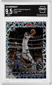 Ja Morant from the 2019-20 Panini Hoops Premium Stock set featuring a Silver Laser parallel graded by Arena Club and given an overall grade of 9.5.