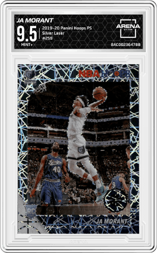 Ja Morant from the 2019-20 Panini Hoops Premium Stock set featuring a Silver Laser parallel graded by Arena Club and given an overall grade of 9.5.