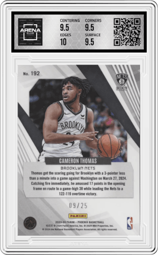 Cameron Thomas from the 2023-24 Panini Phoenix set featuring a International Fire and Ice parallel graded by Arena Club and given an overall grade of 10.