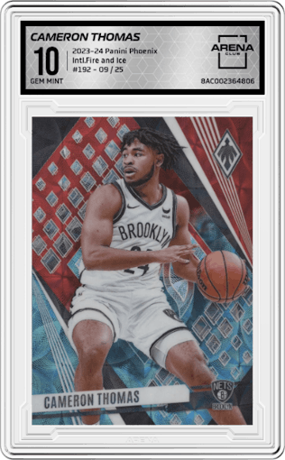 Cameron Thomas from the 2023-24 Panini Phoenix set featuring a International Fire and Ice parallel graded by Arena Club and given an overall grade of 10.