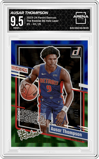 Ausar Thompson from the 2023-24 Panini Donruss set featuring a Blue Green Holo Laser parallel graded by Arena Club and given an overall grade of 9.5.