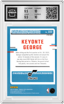 Keyonte George from the 2023-24 Donruss Optic set featuring a Purple parallel graded by Arena Club and given an overall grade of 10.