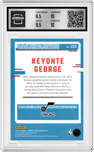 Keyonte George from the 2023-24 Donruss Optic set featuring a Purple parallel graded by Arena Club and given an overall grade of 10.