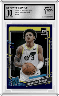 Keyonte George from the 2023-24 Donruss Optic set featuring a Purple parallel graded by Arena Club and given an overall grade of 10.