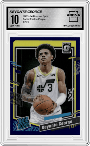 Keyonte George from the 2023-24 Donruss Optic set featuring a Purple parallel graded by Arena Club and given an overall grade of 10.