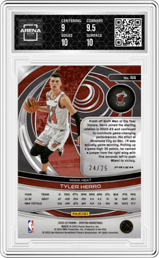 Tyler Herro from the 2022-23 Panini Spectra set featuring a Meta parallel graded by Arena Club and given an overall grade of 9.5.