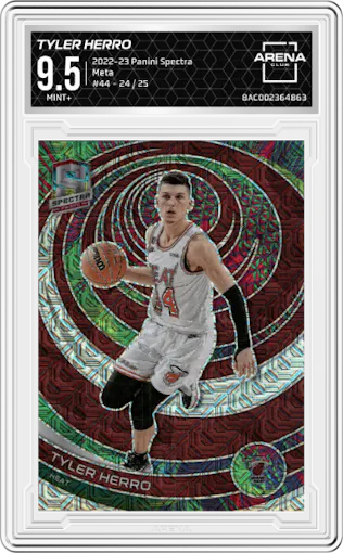 Tyler Herro from the 2022-23 Panini Spectra set featuring a Meta parallel graded by Arena Club and given an overall grade of 9.5.
