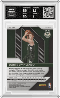 Donte DiVincenzo from the 2018-19 Panini Prizm set featuring a Silver Prizm parallel graded by Arena Club and given an overall grade of 9.5.