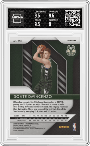 Donte DiVincenzo from the 2018-19 Panini Prizm set featuring a Silver Prizm parallel graded by Arena Club and given an overall grade of 9.5.