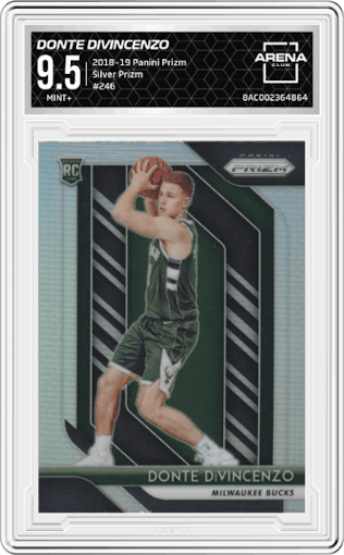 Donte DiVincenzo from the 2018-19 Panini Prizm set featuring a Silver Prizm parallel graded by Arena Club and given an overall grade of 9.5.