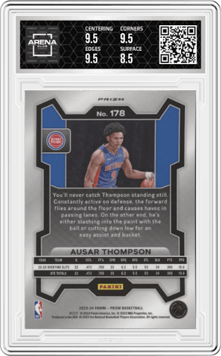 Ausar Thompson from the 2023-24 Panini Prizm set featuring a Pink Ice parallel graded by Arena Club and given an overall grade of 9.