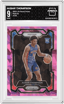 Ausar Thompson from the 2023-24 Panini Prizm set featuring a Pink Ice parallel graded by Arena Club and given an overall grade of 9.