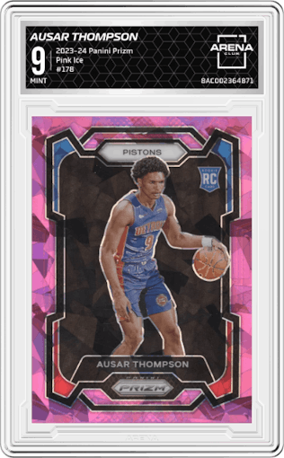 Ausar Thompson from the 2023-24 Panini Prizm set featuring a Pink Ice parallel graded by Arena Club and given an overall grade of 9.