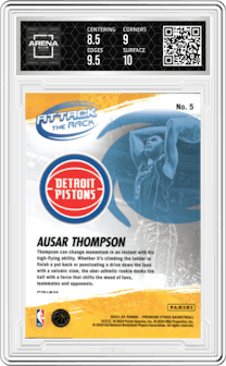 Ausar Thompson from the 2023-24 Panini Hoops Premium Stock set featuring a Premium parallel graded by Arena Club and given an overall grade of 9.