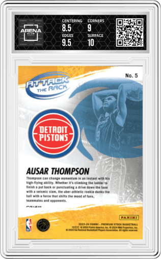 Ausar Thompson from the 2023-24 Panini Hoops Premium Stock set featuring a Premium parallel graded by Arena Club and given an overall grade of 9.