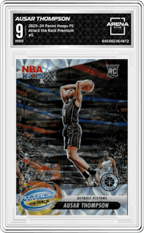 Ausar Thompson from the 2023-24 Panini Hoops Premium Stock set featuring a Premium parallel graded by Arena Club and given an overall grade of 9.