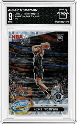 Ausar Thompson from the 2023-24 Panini Hoops Premium Stock set featuring a Premium parallel graded by Arena Club and given an overall grade of 9.