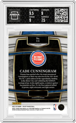 Cade Cunningham from the 2021-22 Panini Select set featuring a Red Wave parallel graded by Arena Club and given an overall grade of 8.