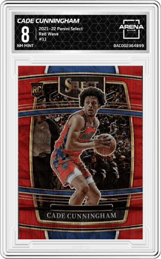Cade Cunningham from the 2021-22 Panini Select set featuring a Red Wave parallel graded by Arena Club and given an overall grade of 8.
