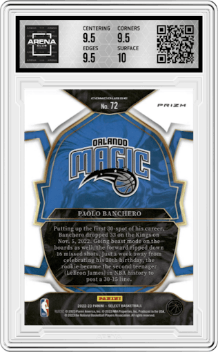 Paolo Banchero from the 2022-23 Panini Select set featuring a Red Wave parallel graded by Arena Club and given an overall grade of 10.