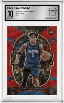 Paolo Banchero from the 2022-23 Panini Select set featuring a Red Wave parallel graded by Arena Club and given an overall grade of 10.