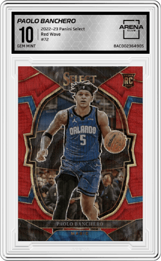 Paolo Banchero from the 2022-23 Panini Select set featuring a Red Wave parallel graded by Arena Club and given an overall grade of 10.