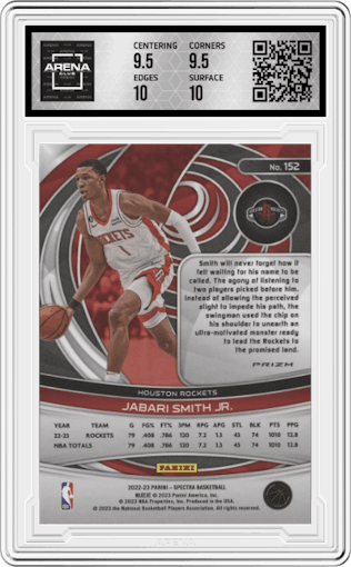 Jabari Smith Jr. from the 2022-23 Panini Spectra set featuring a Asia parallel graded by Arena Club and given an overall grade of 10.