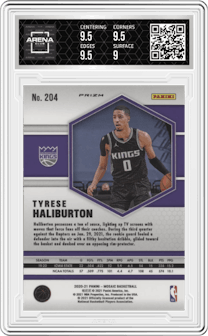 Tyrese Haliburton from the 2020-21 Panini Mosaic set featuring a Pink Camo parallel graded by Arena Club and given an overall grade of 9.5.