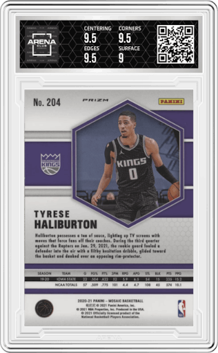 Tyrese Haliburton from the 2020-21 Panini Mosaic set featuring a Pink Camo parallel graded by Arena Club and given an overall grade of 9.5.