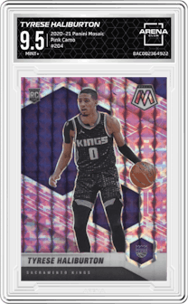 Tyrese Haliburton from the 2020-21 Panini Mosaic set featuring a Pink Camo parallel graded by Arena Club and given an overall grade of 9.5.