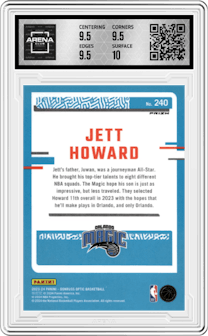 Jett Howard from the 2023-24 Donruss Optic set featuring a International Red parallel graded by Arena Club and given an overall grade of 10.