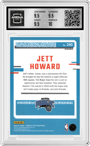 Jett Howard from the 2023-24 Donruss Optic set featuring a International Red parallel graded by Arena Club and given an overall grade of 10.