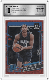 Jett Howard from the 2023-24 Donruss Optic set featuring a International Red parallel graded by Arena Club and given an overall grade of 10.