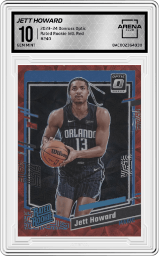 Jett Howard from the 2023-24 Donruss Optic set featuring a International Red parallel graded by Arena Club and given an overall grade of 10.