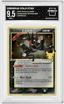Greninja Gold Star from the 2021 Pokemon SWSH set featuring a Celebrations Elite Trainer Box parallel graded by Arena Club and given an overall grade of 9.5.
